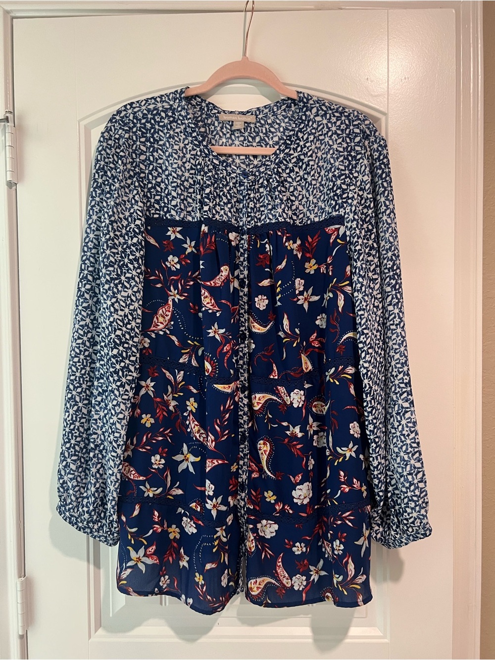 Woman Within Navy Mixed-Print Floral Button-Front Blouse